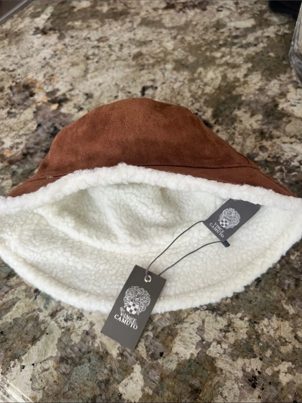 Vince Camuto Kids Brown Faux Suede Bucket Hat with Cream Sherpa Lining